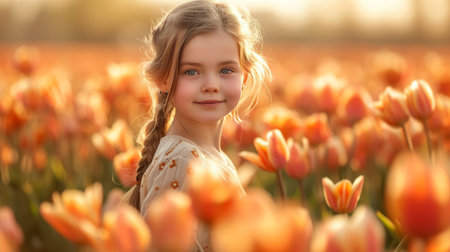 A beautiful young girl walks through a field with blooming tulips.の素材