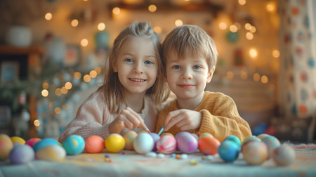 A boy and an eight-year-old girl paint eggs for Easter.の素材