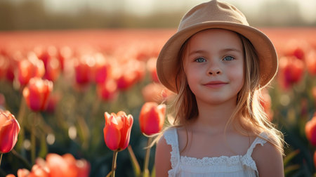 A beautiful girl walks through a field with blooming tulips.の素材