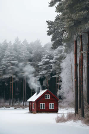 A bright burgundy wooden house stands alone in the middle of a large winter forest.の素材