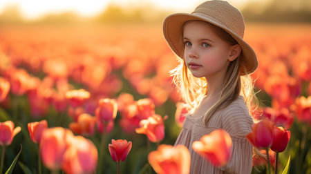 A beautiful young girl walks through a field with blooming tulips.の素材