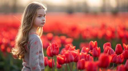 A beautiful young girl walks through a field with blooming tulips.の素材