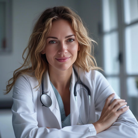 A female doctor in a white coat sits at her desk and looks at the camera.の素材