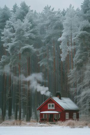 A bright burgundy wooden house stands alone in the middle of a large winter forest.の素材