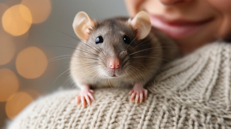 A domestic rat sits on the shoulder of its young handsome owner and looks at the camera with big eyes.の素材