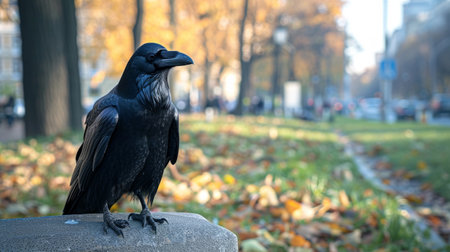 A big black raven sits and looks at the camera.の素材