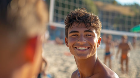 A young guy smiling looks at the camera. He plays beach volleyball with friends.の素材