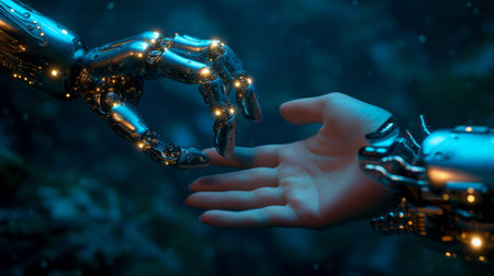 A human hand touches a robot's hand on a dark blue technological neon background.の素材