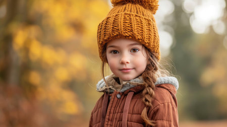 A young girl with chestnut hair wearing a cozy knit hat strolls through the park during autumn.の素材