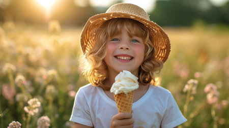 A Joyful Youngster Savors a Waffle Cone on a Summer Stroll.の素材