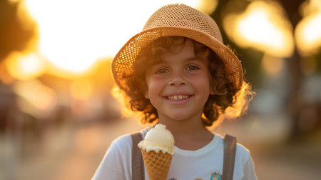 A Joyful Youngster Savors a Waffle Cone on a Summer Stroll.の素材