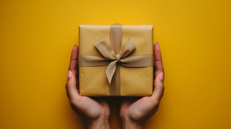 A Yellow Background Showcasing a Gift Box Held by Human Hands in Close-up View.の素材