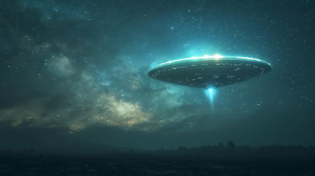A UFO is flying in the night sky.の素材