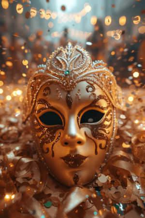 A shiny golden carnival mask lies on a golden table surrounded by confetti and glitter.の素材