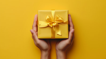 A Yellow Background Showcasing a Gift Box Held by Human Hands in Close-up View.の素材