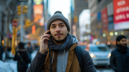 A young man walks along a city street and calls on the phone while looking at the camera.の素材