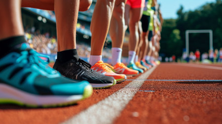 Athletes runners stand at the stadium getting ready to start.の素材