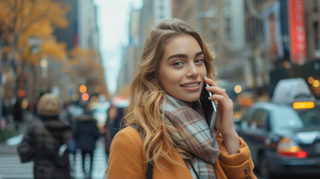 A young woman walks along a city street and calls on the phone while looking at the camera.の素材