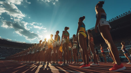 Athletes runners stand at the stadium getting ready to start.の素材