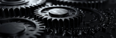 Abstract technological background of translucent gears in black metal colors.の素材