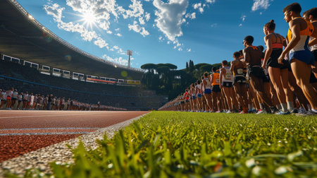 Athletes runners stand at the stadium getting ready to start.の素材