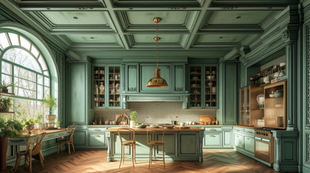 Beautiful green kitchen in a classic style.の素材