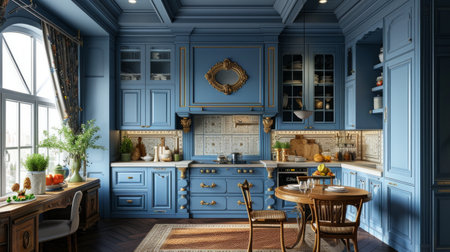 Beautiful blue kitchen in a classic style.の素材