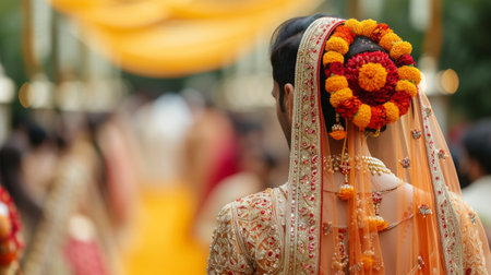 Indian wedding. Young beautiful bride and groom in national Indian costumes.の素材