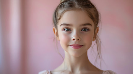 Beautiful young ballerina looking at the camera and smiling against a bright minimalistic background.の素材