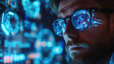 A visionary businessman strategizes amidst holographic charts and AI-driven analytics.の素材
