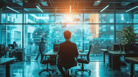 In a modern office setting, a business leader demonstrates the successful integration of AI into various facets.の素材