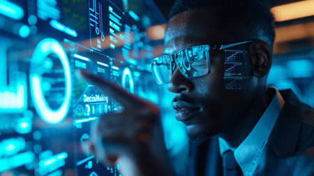 A businessman reviews real-time analytics on a transparent touchscreen,.の素材