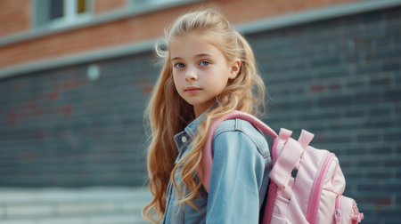 Fashionable girl 12 years old with long blond hair goes to school with a pink backpack large copyspace area.の素材