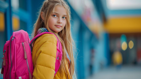 Fashionable girl 12 years old with long blond hair goes to school with a pink backpack large copyspace area.の素材