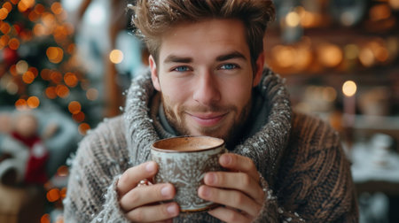 Handsome young man in a warm knitted sweater drinks hot chocolate.の素材