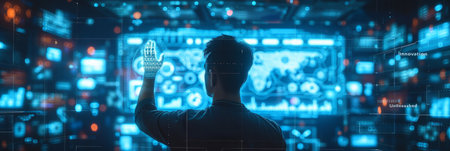 A businessman collaborates with AI algorithms, fostering innovation in a high-tech environment to stay ahead.の素材