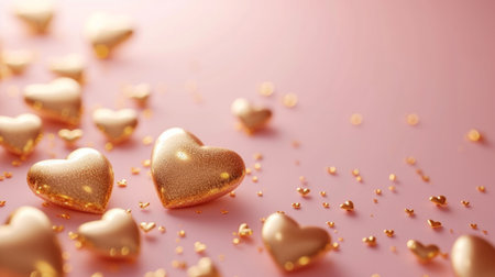 Many small gold 3D hearts on a soft pink background.の素材