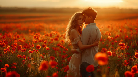 Man holds tender beautiful woman standing with her on the green field with red poppies.の素材