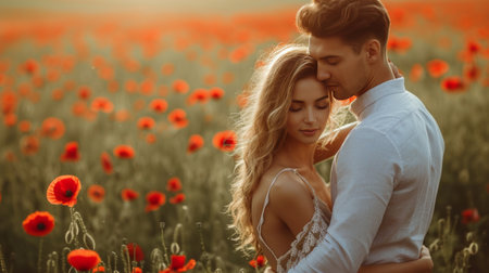 Man holds tender beautiful woman standing with her on the green field with red poppies.の素材