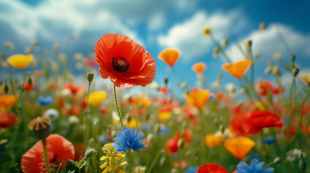 Poppy flowers in summer meadow.