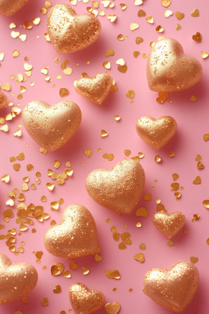 Many small gold 3D hearts on a soft pink background.の素材