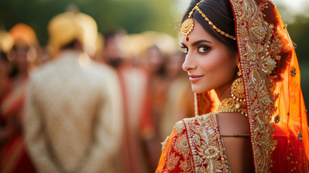 Indian wedding. Young beautiful bride and groom in national Indian costumes.の素材