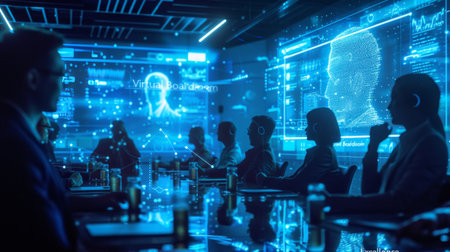 Business leaders conduct a high-stakes virtual meeting using holographic projections and AI-supported communication.の素材