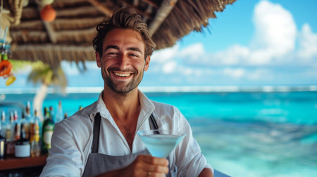 Young handsome bartender making a martini cocktail on the beach.の素材
