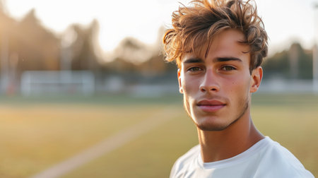 Young handsome football player posing looking at the camera while standing on the football field.の素材