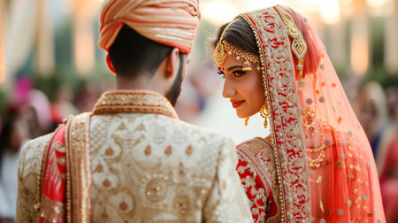 Indian wedding. Young beautiful bride and groom in national Indian costumes.の素材