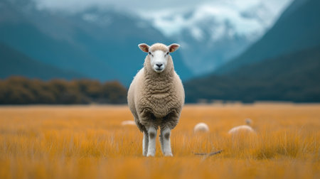 A beautiful big fat sheep stands and looks at the camera.の素材