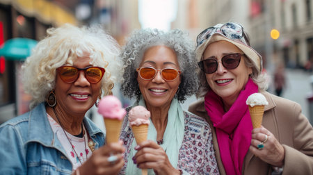 Three mature women eating ice cream cone, walking on the street.の素材