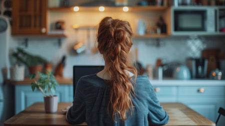 A young woman sits in dark blue pajamas and works on a computer at a table in the kitchen.の素材