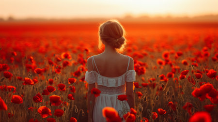 A beautiful girl walks through a field with blooming tulips.の素材
